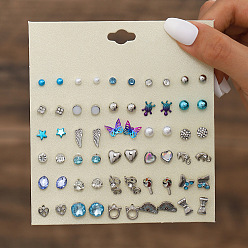 Небесно-голубой 30пары комплектов серег-гвоздиков из сплава и пластика с имитацией жемчуга и страз, платина, голубой, 108x115 мм