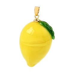 Yellow Handmade Lampwork Pendants, with Brass, Lemon Charms, Golden, Yellow, 32x19.5x20mm, Hole: 4.5x3mm