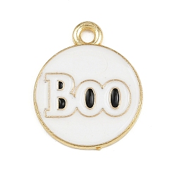 Белый Подвески из сплава с эмалью на тему Хэллоуина, плоский круглый со словом бу, золотые, белые, 18x15x1 мм, отверстие : 1.8 мм