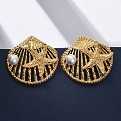 Настоящее золото 18K Серьги-гвоздики в форме ракушки с морской звездой 304 из нержавеющей стали и пластика с имитацией жемчуга, реальный 18 k позолоченный, 34x35 мм