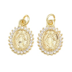Plaqué 16K Or Véritable Pendentifs religieux en laiton sertis de micro-pavés de zircone cubique transparente, ovale avec breloques vierge marie, réel 16 k plaqué or, 17x12x2mm, Trou: 3mm