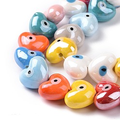 Mixed Color Handmade Porcelain Beads Strands, Pearlized, Heart with Evil Eye, Mixed Color, 16.5x14x10mm, Hole: 1.8mm, about 23pcs/strand, 11.81''(30cm)