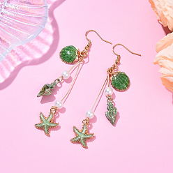 Светло-зеленый 304 серьги-подвески в форме морской звезды и ракушки из нержавеющей стали, со сплавом, эмалью и стеклянным жемчугом, морская тема, золотой свет, светло-зеленый, 80 мм