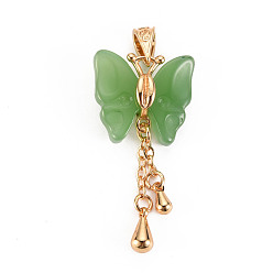 Lime Green Imitation Jade Glass Pendants, with Brass Findings, Butterfly, Light Gold, Lime Green, 33~35x17.5x7mm, Hole: 5x2.5mm