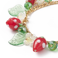 Colorful Plastic Imitation Pearl Flower & Acrylic Leaf & Lampwork Strawberry Charms Bracelet, 304 Stainless Steel Jewelry for Women, Colorful, 7-3/4 inch(19.5cm)
