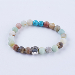 Amazonite Natural Gemstone and Flower Amazonite Stretch Bracelets, with Alloy Findings, Dog Footprints, Antique Silver, 2 inch(50mm)