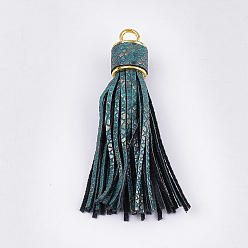 Dark Cyan PU Leather Tassel Big Pendants Decorations, Imitation Snake Skin, with Alloy Findings, Golden, Dark Cyan, 93~97x17.5~18mm, Hole: 6mm