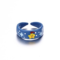 Steel Blue Brass Enamel Cuff Open Rings for Girls, Star, Steel Blue, 15~20mm