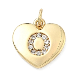 Letter O Латунные микропаве прозрачные подвески с фианитом, сердце прелести, без кадмия и без свинца, стойки покрытие, долговечный, реальный 18 k позолоченный, Письмо O, 15x15x2 мм, отверстие : 3 мм