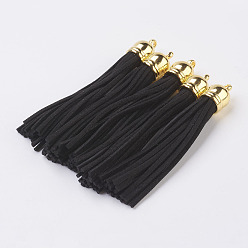 Черный Искусственные замши кисточкой подвесные украшения, с концами пластмассового шнура ccb, золотые, чёрные, 84~89x11.5~12 мм, отверстие : 2.5 мм