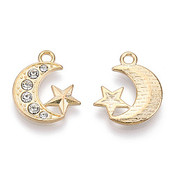 Light Gold Alloy Pendants, with Crystal Rhinestone, Cadmium Free & Lead Free, Moon Charms with Star, Light Gold, 19.5x16.5x2mm, Hole: 2mm