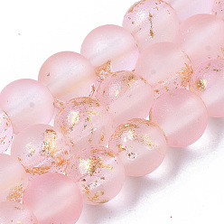 Pink Frosted Spray Painted Glass Beads Strands, with Golden Foil, Round, Pink, 6~7mm, Hole: 1.2~1.5mm, about 65~67pcs/Strand, 14.76 inch~15.12 inch(37.5~38.4cm)