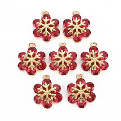 Фуксиновый Стойки обшивки латунные подвески, со стразами, долговечный, без кадмия и без свинца, снежинка, красно-фиолетовые, 15.5x11.5x4 мм, отверстие : 1.4 мм