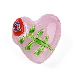 Pink Бусины из стекла миллефиори ручной работы с неровностями, Сердце & цветок, розовые, 19.5~20.5x19.5~20x11~12 мм, отверстие : 1.5~2 мм