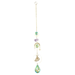 Rhombus Metal Moth Moon Hanging Ornaments, Glass Tassel Suncatchers for Home Garden Outdoor Decoration, Rhombus, 310~340mm