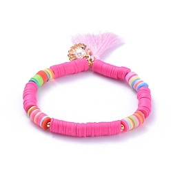 Camellia Handmade Polymer Clay Heishi Beads Stretch Bracelets, with Cotton Thread Tassel Pendants and Alloy Charms, Shell with Pearl Shape, Camellia, 2-1/8 inch(5.5cm)