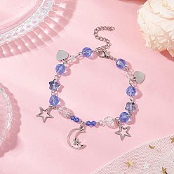 Васильковый Стекло вышитый бисером браслеты, с подвесками из сплава и 304 концами из нержавеющей стали, звезда и луна, васильковый, 7-7/8 дюйм (20 см)