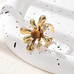 Тигровый глаз Натуральный тигровый глаз кольца палец, цветок 304 открытые манжеты из нержавеющей стали для женщин, реальный 18 k позолоченный, Цветок: 32.5x31.5 мм, регулируемый