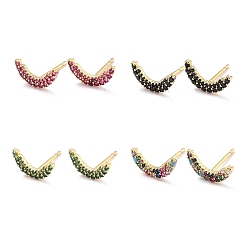 Mixed Color Moon Sparkling Cubic Zirconia Stud Earrings for Her, Real 18K Gold Plated Brass Micro Pave Cubic Zirconia Earrings, Mixed Color, 12x6x1.5mm, Pin: 0.8mm