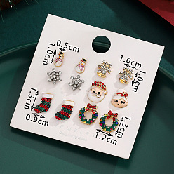 Mixed Shapes 6 пары серег-гвоздиков из сплава с эмалью на рождественскую тематику, горный хрусталь и акриловые, золотые, разнообразные, 10x5 мм & 10x10 мм & 13x12 мм & 13x9 мм