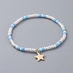 Sky Blue Glass Seed Beaded Kids Stretch Bracelets, with Star Brass Charms, Sky Blue, 2 inch(5cm)
