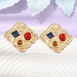 Golden 304 Stainless Steel Rhinestone Stud Earrings, Square, Resin Stud Earrings for Women, Ion Plating(IP), Golden, 40x40mm