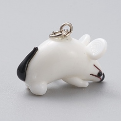 Mouse Handmade Lampwork Pendant Decorations, with Brass Lobster Claw Clasp, Chinese Zodiac, Platinum, Mouse,  40mm, Pendant: 16x13x23mm