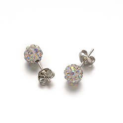 Хрусталь AB Полимерная глина горный хрусталь мяч серьги, с выводами серьги из нержавеющей стали, цвет нержавеющей стали, хрусталь AB, 6 мм , штифт: 0.8 мм