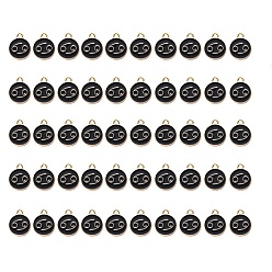 Cancer Alloy Enamel Pendants, Flat Round with Constellation, Light Gold, Black, Cancer, 15x12x2mm, Hole: 1.5mm, 50pcs/Box