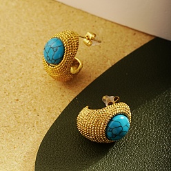 Brushed Red Copper Серьги-гвоздики из нержавеющей стали с синтетической бирюзой в форме буквы С и овальной формы, щеткой красная медь, 20.04x13 мм