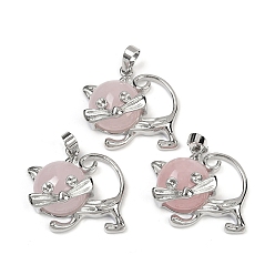 Розовый Кварц Кулоны для котят из розового кварца, милые латунные подвески в форме кошки, платина, долговечный, стойки покрытие, 28.5x30.5x10 мм, отверстие : 8x5 мм
