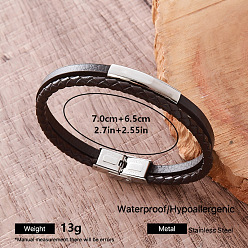 Stainless Steel Color Vintage 304 Stainless Steel Leather Bracelets for Men, Hip Hop Style Jewelry, Black, Stainless Steel Color, Inner Diameter: 2.76 inch(7cm)