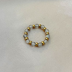 Лунный Камень 201 Кольца из нержавеющей стали с круглыми бусинами из натурального лунного камня, растягивающиеся на пальцы, золотые, внутренний диаметр: 17 мм