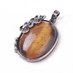 Тигровый глаз Природных тигровый глаз подвески, с латунной фурнитурой , овальные с цветком, античное серебро, 35x26.5x9 мм, отверстие : 7x5 мм