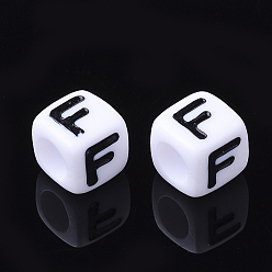 Letter F Letter Acrylic Beads, Cube, White, Letter F, Size: about 7mm wide, 7mm long, 7mm high, hole: 3.5mm, about 2000pcs/500g
