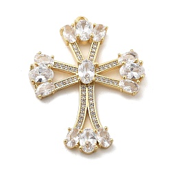 Настоящее золото 18K Латунные микропаве прозрачные подвески с фианитом, крестик, стойки покрытие, долговечный, без свинца и без кадмия, реальный 18 k позолоченный, 36.5x26.5x4.5 мм, отверстие : 1.2 мм