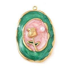 Настоящее золото 18K 304 нержавеющей стальной эмали подвески, с абс пластмассовыми жемчужными бисером, овал с цветочной подвеской, реальный 18 k позолоченный, 31.5x21x6 мм, отверстие : 1.4 мм