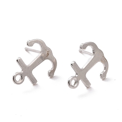 Stainless Steel Color Non-Tarnish 201 Stainless Steel Stud Earring Findings, with Horizontal Loop and 316 Stainless Steel Pin, Anchor, Stainless Steel Color, 12x11mm, Hole: 1mm, Pin: 0.7mm