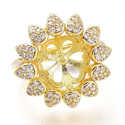 Golden Adjustable Brass Finger Cup Peg Ring Settings, with Micro Pave Cubic Zirconia, For Half Drilled Beads, Long-Lasting Plated, Flower, Clear, Golden, US Size 7, Inner Diameter: 17.3mm, Tray: 10mm
