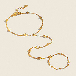 Real 18K Gold Plated 304 Stainless Steel Pave Clear Cubic Zirconia Flat Round Hand Chain Finger Ring Bracelets for Women, Real 18K Gold Plated, 6.50 inch(16.5cm)