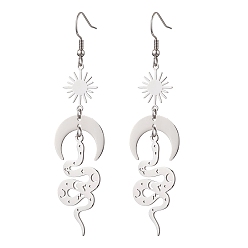 Нержавеющая Сталь Цвет Змея, солнце и луна 201 серьги с подвесками из нержавеющей стали и латуни для женщин, с 316 хирургическими крючками для серег из нержавеющей стали, цвет нержавеющей стали, 81x19.5 мм