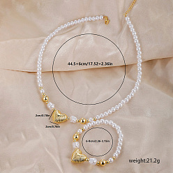 Золотой Комплекты браслетов и ожерелий в форме латунных сердец для женщин, с круглыми жемчужинами имитационных, золотые, 445 мм, Сердце: 20x20 mm