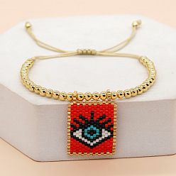 Красный Браслеты ручной работы из стеклянного бисера с подвесками, Плетеные латунные круглые бусины для женщин, с полиэфирным кордом, Прямоугольник с глаз, красные