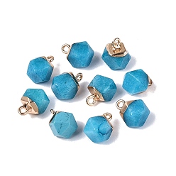 White Jade Dyed Natural White Jade Pendants, Polygon Charms, with Golden Tone Brass Loops, Deep Sky Blue, 11.5~14x7~9.5x7~9.5mm, Hole: 1.6~1.8mm