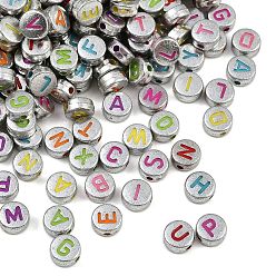 Серебро Непрозрачные акриловые бусины, плоские круглые с буквы, серебряные, 7x3.5 мм, отверстие : 1.5 мм, Около 3600 шт / 500 г