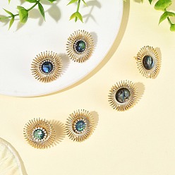 Oro Pendientes de botón de concha de paua y latón para mujer, flor, dorado, 24.5 mm, 3 pares / set