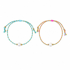 Mixed Color 2 Colors Summer Natural Freshwater Pearl Round Beads Braided Cotton Cord Bracelet Sets for Women, Boho Adjustable Stackable Bracelets, Golden, Mixed Color, 11.02 inch(28cm), 2pcs/set
