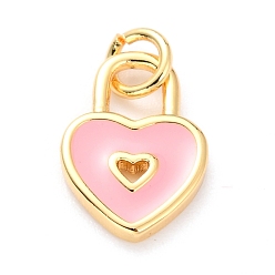 Pink Латунь эмаль подвески, без кадмия и без свинца, долговечный, сердце замок, реальный 18 k позолоченный, розовые, 13x9x1.5 мм, отверстие : 3.4 мм