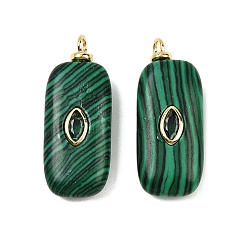 Малахит Синтетического малахита подвески, прямоугольные подвески с латунной микропаве кубическими цирконами, реальный 18 k позолоченный, без кадмия и без свинца, стойки покрытие, долговечный, 26~30x12~14x5.5~6 мм, отверстие : 2.5 мм