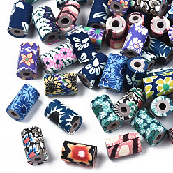 Mixed Color Handmade Polymer Clay Beads, Column with Jewelry Crafts Pattern, Mixed Color, 11x6~7.5mm, Hole: 2~3mm